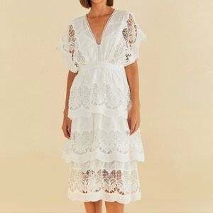 FARM Rio Off-White Richelieu Midi Dress Size L NWT